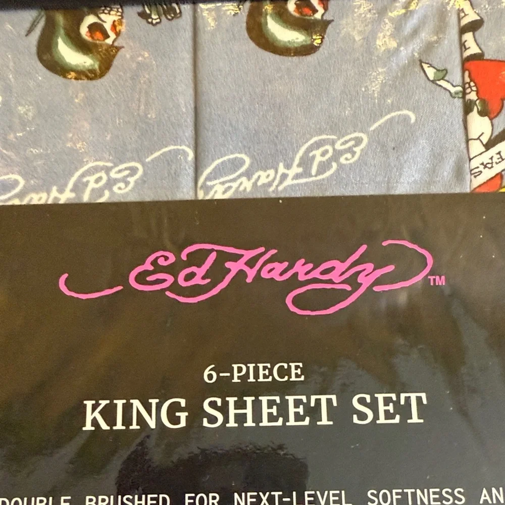 Ed Hardy Blue King Sheet Set with Skulls and Motorcycles